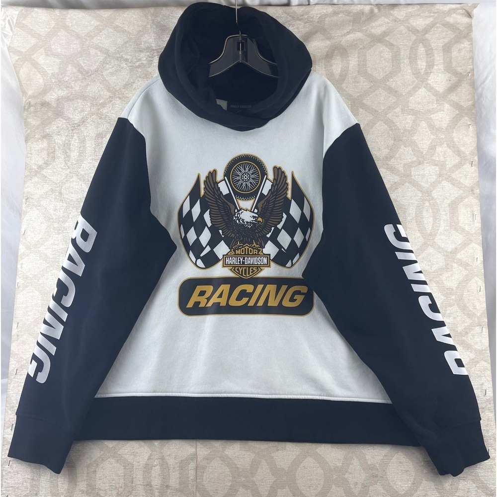 Harley-Davidson Racing Hoodie Womens 2W White Black Colorblock Graphic Pullover‎